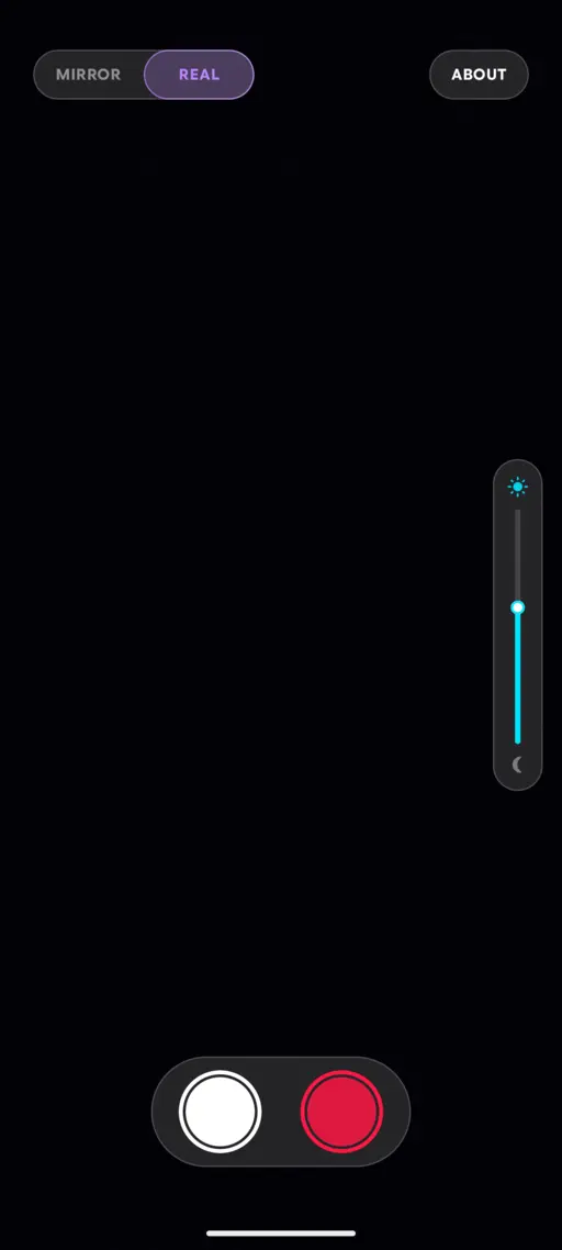 Real Mirror camera view with Mirror and Real modes, brightness slider, and photo and video controls